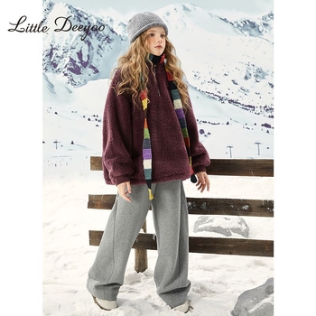 Lányoknak szóló vastag, bolyhos poliészter kapucnis kabát, rövid szabású, téli 2025, hosszú ujjú