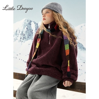 Lányoknak szóló vastag, bolyhos poliészter kapucnis kabát, rövid szabású, téli 2025, hosszú ujjú