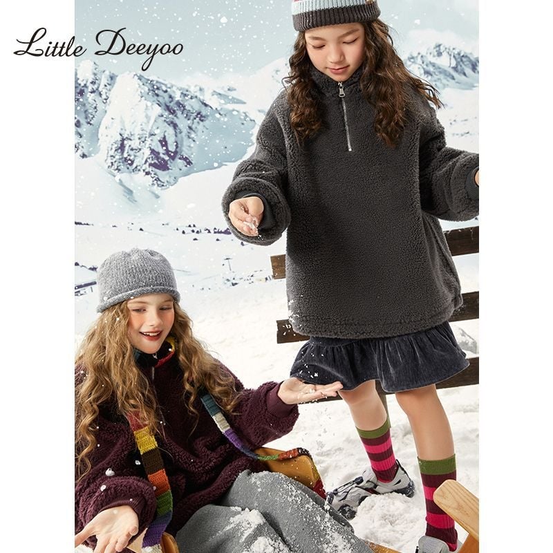 Lányoknak szóló vastag, bolyhos poliészter kapucnis kabát, rövid szabású, téli 2025, hosszú ujjú