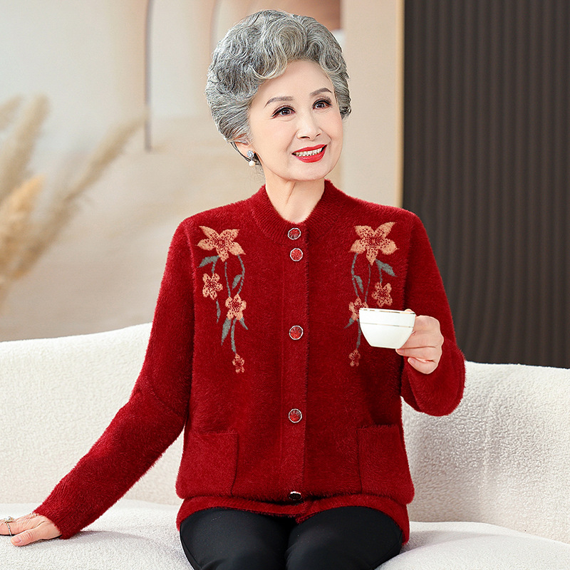 Gėlėtai megztas kardiganas, poliesterio–akrilio mišinys, apvali kaklo linija, ilgos rankovės, vidutinio ilgio