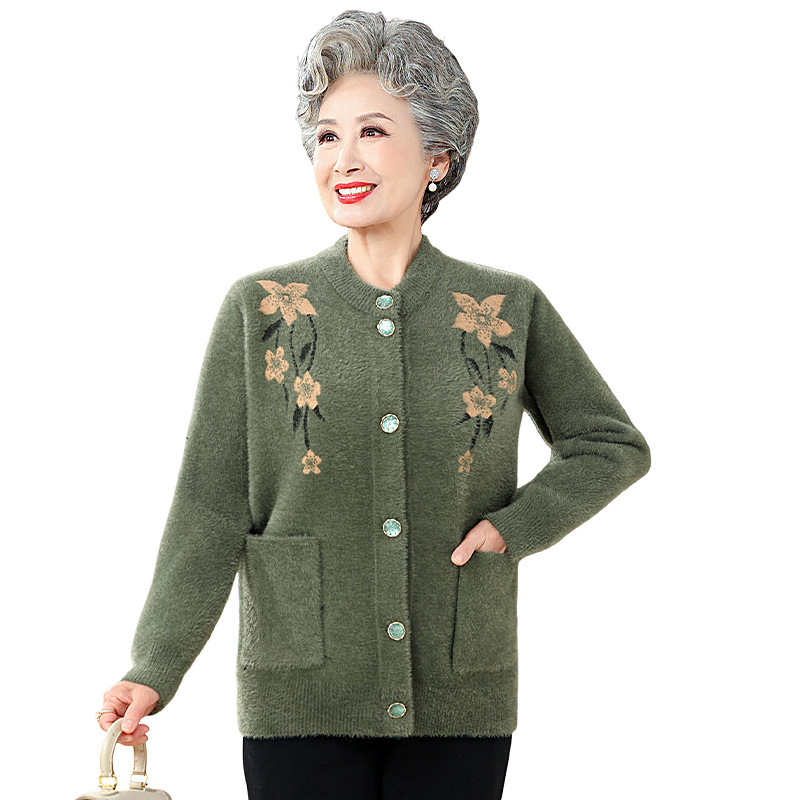 Gėlėtai megztas kardiganas, poliesterio–akrilio mišinys, apvali kaklo linija, ilgos rankovės, vidutinio ilgio