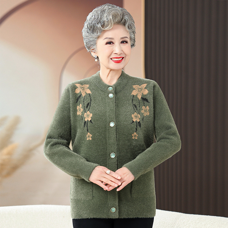 Gėlėtai megztas kardiganas, poliesterio–akrilio mišinys, apvali kaklo linija, ilgos rankovės, vidutinio ilgio