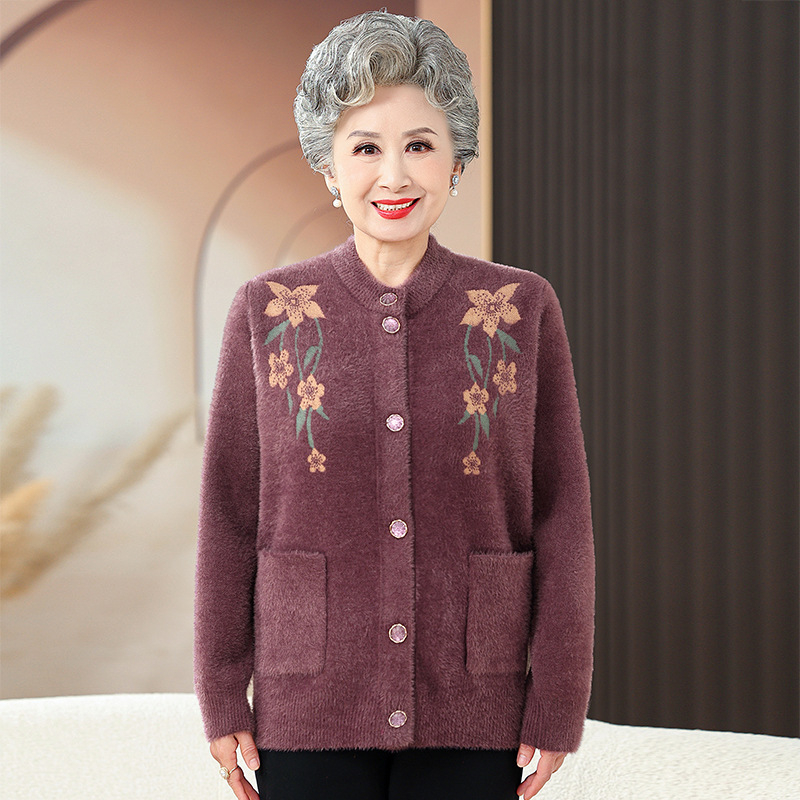 Gėlėtai megztas kardiganas, poliesterio–akrilio mišinys, apvali kaklo linija, ilgos rankovės, vidutinio ilgio