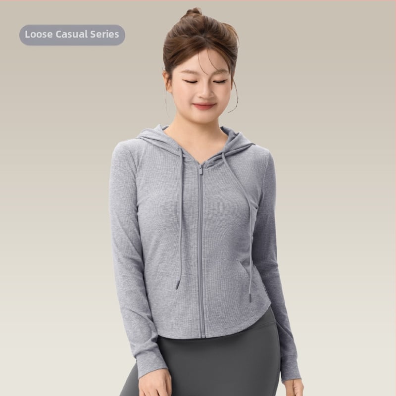 Ilga rankovė sportinė striukė jogai ir fitnesui — kvėpuojanti medžiaga iš medvilnės/viskozės/spandekso mišinio, įprasto kirpimo, audinys MSL62859