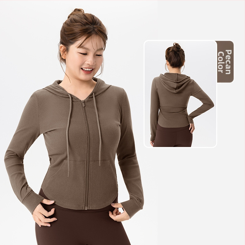 Ilga rankovė sportinė striukė jogai ir fitnesui — kvėpuojanti medžiaga iš medvilnės/viskozės/spandekso mišinio, įprasto kirpimo, audinys MSL62859