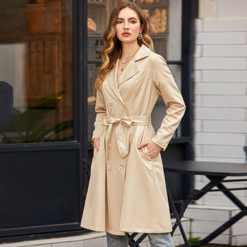 Γυναικείο παλτό μέσου μήκους από παχύ υφαντό πολυεστέρα τιλ, με γιακά τύπου σακακιού, μακριά μανίκια και κουμπωτή λωρίδα με κορδόνια