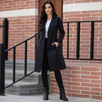 Γυναικείο παλτό μέσου μήκους από παχύ υφαντό πολυεστέρα τιλ, με γιακά τύπου σακακιού, μακριά μανίκια και κουμπωτή λωρίδα με κορδόνια