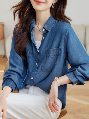 Tencel Lyocell denim särk, pikad varrukad, lapellkaelus, sirge lõige, keskmise pikkusega