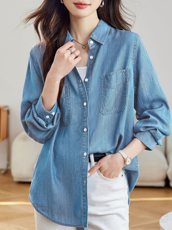 Tencel Lyocell denim särk, pikad varrukad, lapellkaelus, sirge lõige, keskmise pikkusega