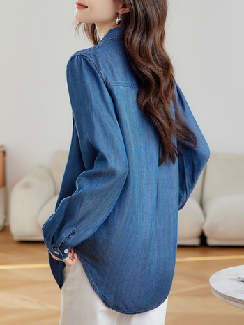 Tencel Lyocell denim särk, pikad varrukad, lapellkaelus, sirge lõige, keskmise pikkusega