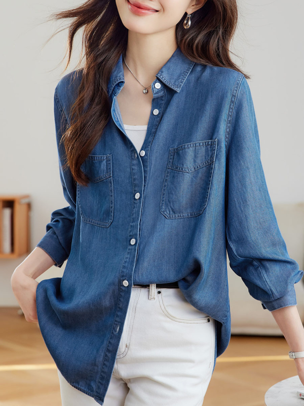 Tencel Lyocell denim särk, pikad varrukad, lapellkaelus, sirge lõige, keskmise pikkusega