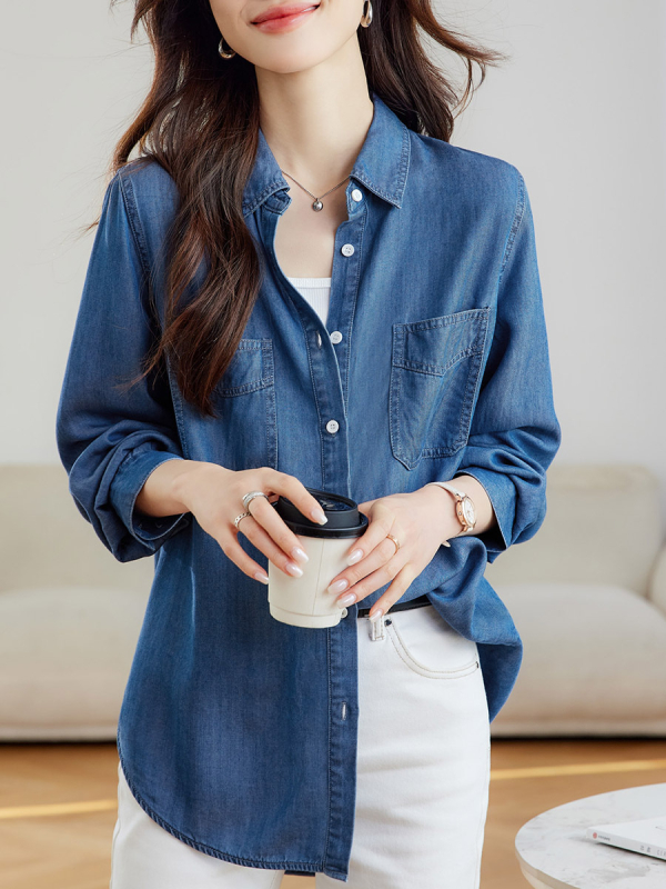 Tencel Lyocell denim särk, pikad varrukad, lapellkaelus, sirge lõige, keskmise pikkusega