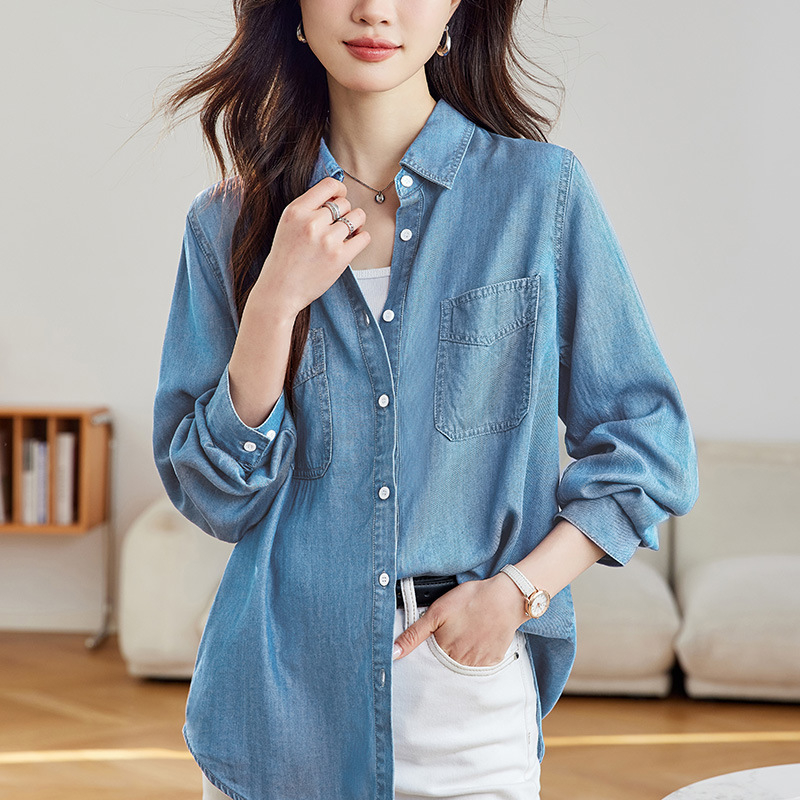 Tencel Lyocell denim särk, pikad varrukad, lapellkaelus, sirge lõige, keskmise pikkusega