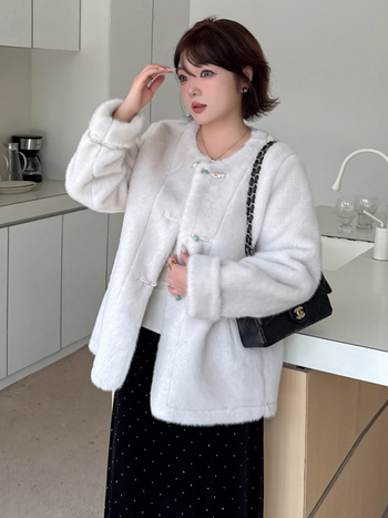 Палто за жени с косъмни вложки, средно дълго, кръгла яка, едноредово закопчаване, 2025 зима