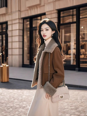 Moteriškas kailinis paltas su kailine apykakle, storesnis pamušalas, laisvas kirpimas, ilgos rankovės, užtrauktukas