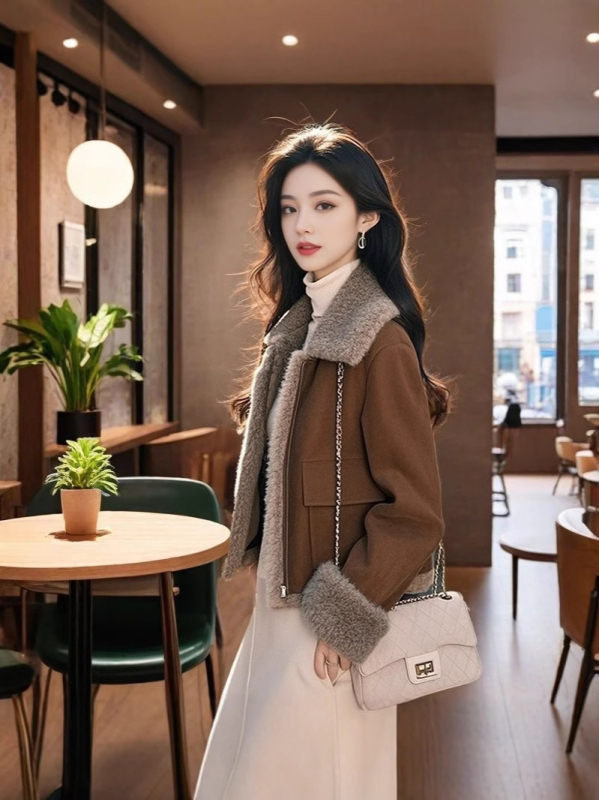 Moteriškas kailinis paltas su kailine apykakle, storesnis pamušalas, laisvas kirpimas, ilgos rankovės, užtrauktukas