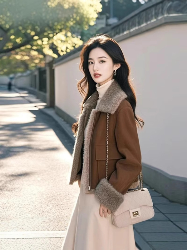 Moteriškas kailinis paltas su kailine apykakle, storesnis pamušalas, laisvas kirpimas, ilgos rankovės, užtrauktukas