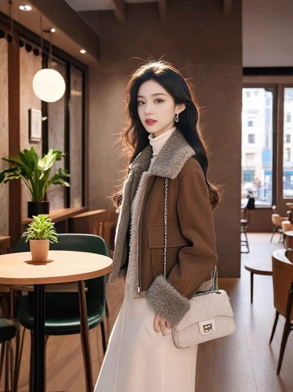 Moteriškas kailinis paltas su kailine apykakle, storesnis pamušalas, laisvas kirpimas, ilgos rankovės, užtrauktukas