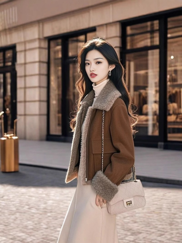 Moteriškas kailinis paltas su kailine apykakle, storesnis pamušalas, laisvas kirpimas, ilgos rankovės, užtrauktukas