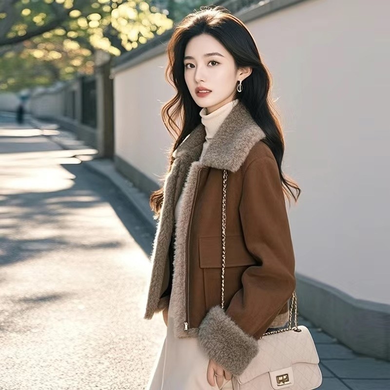 Moteriškas kailinis paltas su kailine apykakle, storesnis pamušalas, laisvas kirpimas, ilgos rankovės, užtrauktukas