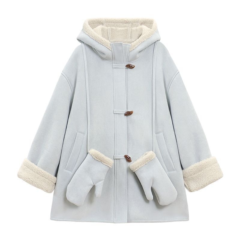 Moteriškas vilnos paltas su gobtuvu, vienos spalvos, vidutinio ilgio 65–80 cm, su fliso pamušalu šilumai