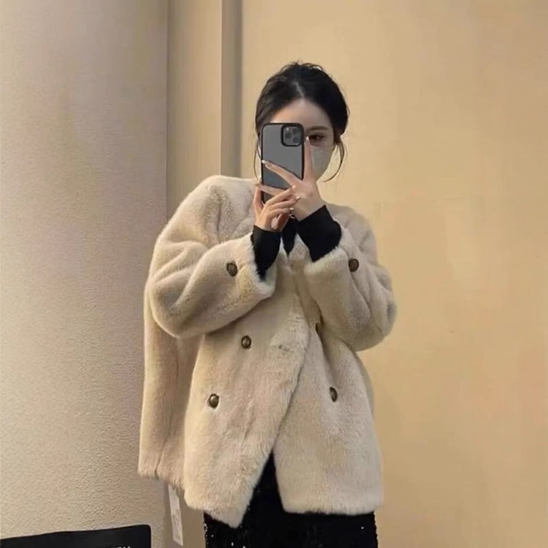 Παλτό από συνθετικό γούνα μίνκ, V-λαιμόκοψη, κοντό μήκος, γυναικείο χειμερινό εξωτερικό ρούχο, συνθετικό βελούδινο πολυεστέρα