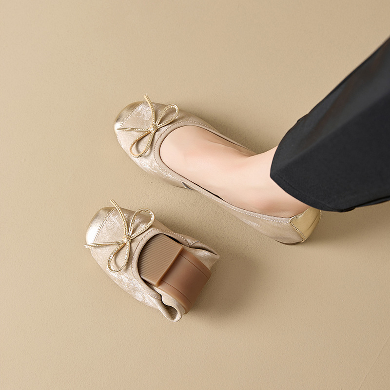 Дамски лоуфъри от овча кожа със корейски възел, slip-on дизайн, кръгъл нос, нисък ток 1–3 cm