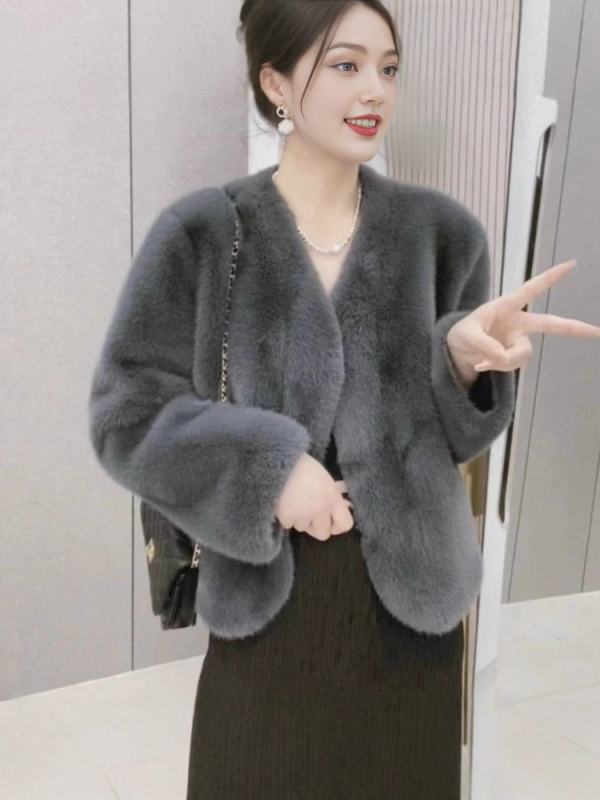 Sieviešu mākslīgās kažokādas jaka ar V izgriezumu, garas piedurknes, brīvs piegriezums, bieza, ziemas 2025