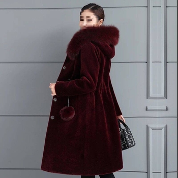 Vidēja garuma kažokādas jaka ar kapuci no mākslīgās kažokādas, imitācijas norku kažokādas, chenille audums ar elastānu