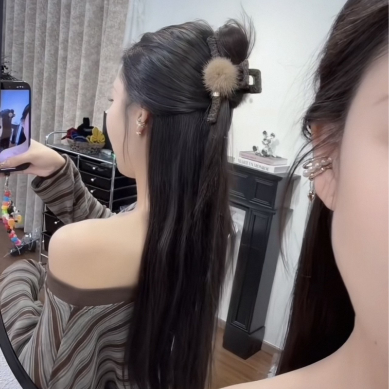 Plaukų segtukas su mink plaukų kamuoliuku, leopardo raštas, rankų darbas, laikiklio tipas segtukas