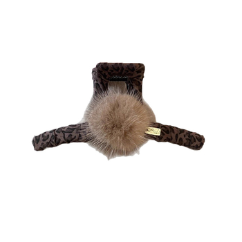 Plaukų segtuvas su norkos kailio kamuoliuku, leopardų raštas, rankų darbo audinys, Korėjiečių stiliaus