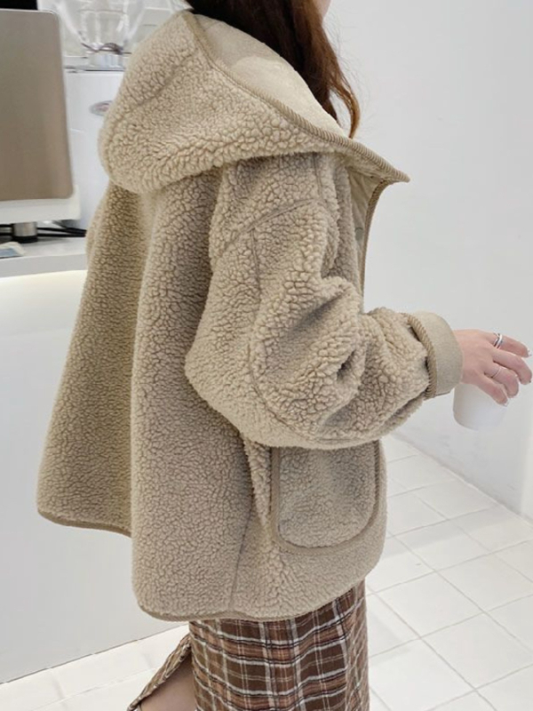 Moteriška avies vilnos striukė su fleece pamušalu, Spandexo mišinys, laisvas kirpimo linijos, ilgos rankovės, polo apykaklė