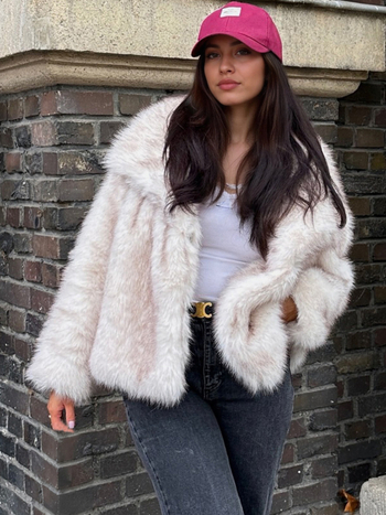 Παλτό από ψεύτικη γούνα με μεγάλο πέτο, μεσαίου μήκους, μακριά μανίκια, imitation Fox plush