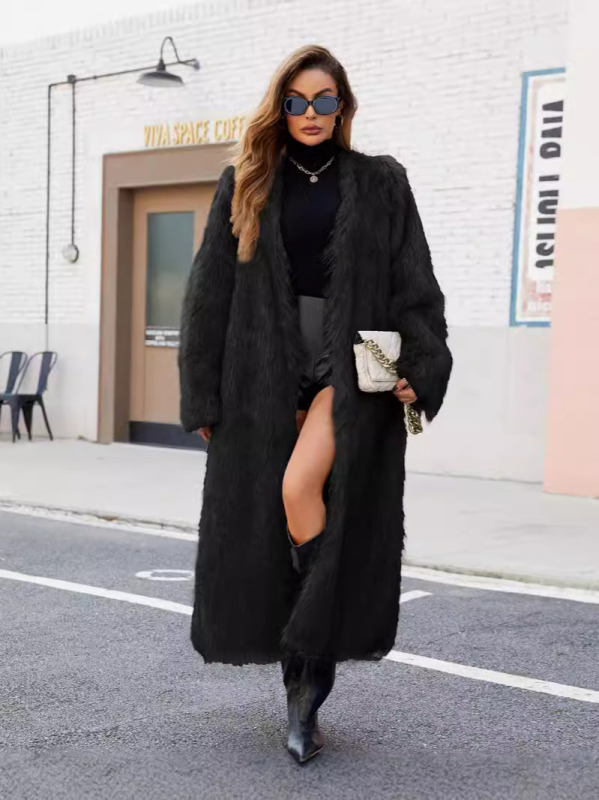 Sievietēm garš imitācijas kažoks ar V-kaklu, garāks garums, silts ārējais apģērbs