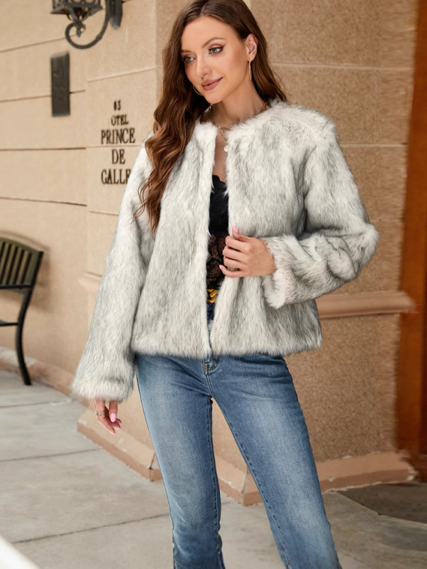 Sieviešu sintētiskā kažokādas jaka, garas piedurknes, apaļš kakla izgriezums, pilsētas stils, rudens 2024