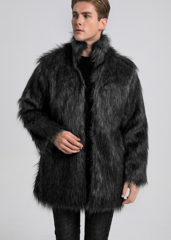 Sieviešu mākslīgā kažokādas jaka ar stāvošu apkakli, vidēja garuma, garas piedurknes, rudens‑ziemas sezonai