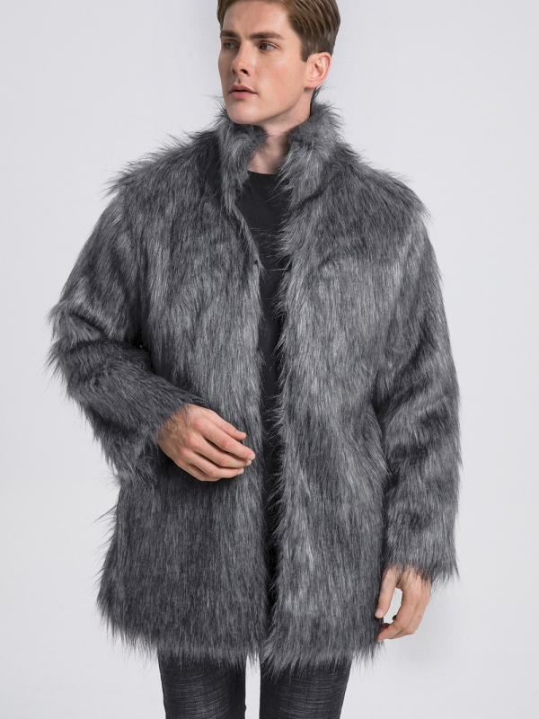 Sieviešu mākslīgā kažokādas jaka ar stāvošu apkakli, vidēja garuma, garas piedurknes, rudens‑ziemas sezonai