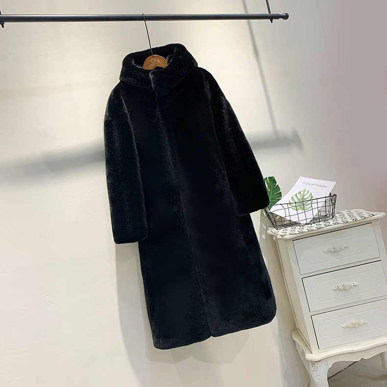 Sievietes mākslīgā kažokāde mētelis vidēja garuma, kapuce, garas piedurknes, britu stil