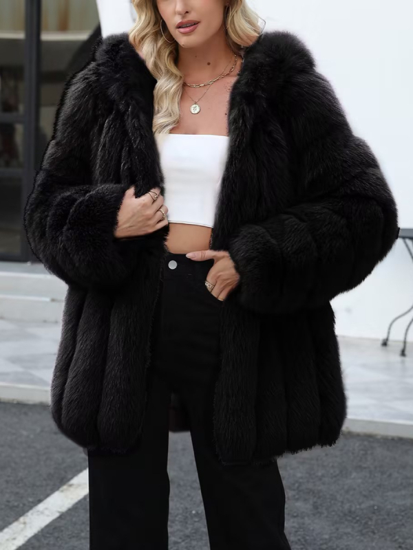 Sieviešu mākslīgās kažokādas mētelis ar kapuci, vidējā garuma (65-80 cm), imitācijas lapsas kažokādas, elegants pilsētas stils, 95%+ mākslīgās kažokādas