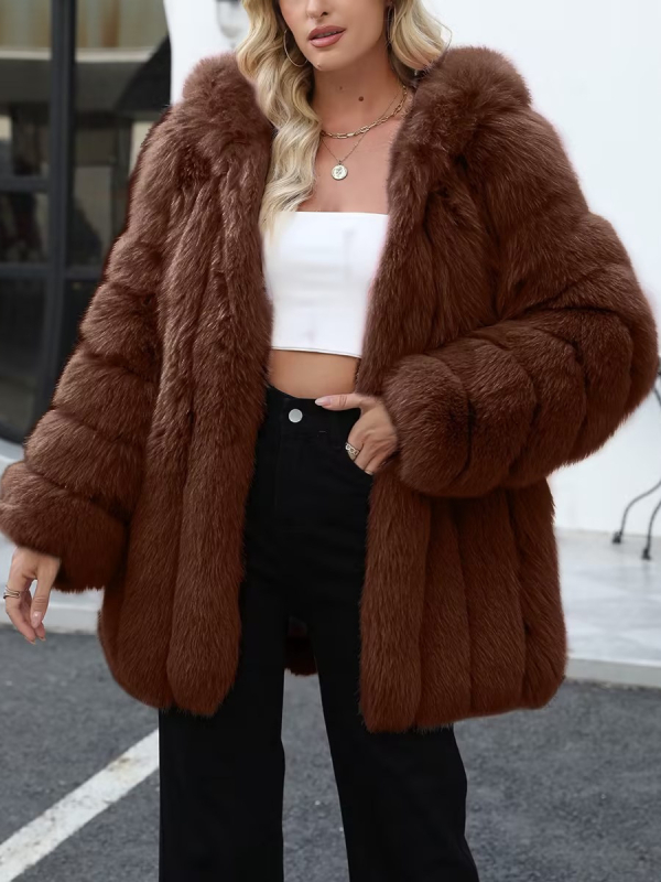 Sieviešu mākslīgās kažokādas mētelis ar kapuci, vidējā garuma (65-80 cm), imitācijas lapsas kažokādas, elegants pilsētas stils, 95%+ mākslīgās kažokādas