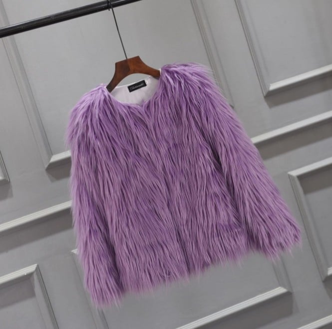 Sieviešu mākslīgā kažoka mētelis, ielu stils, garas piedurknes, apaļš kakla izgriezums, bez apkakles, akrila šķiedra