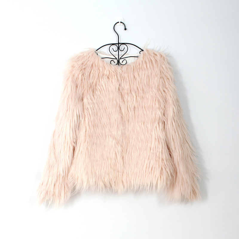 Sieviešu mākslīgā kažoka mētelis, ielu stils, garas piedurknes, apaļš kakla izgriezums, bez apkakles, akrila šķiedra