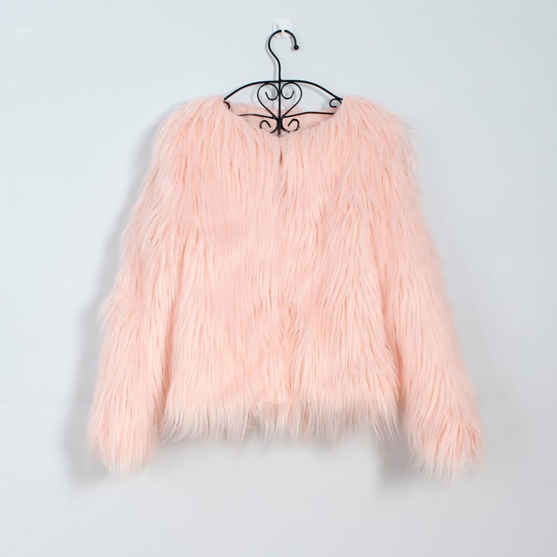 Sieviešu mākslīgā kažoka mētelis, ielu stils, garas piedurknes, apaļš kakla izgriezums, bez apkakles, akrila šķiedra