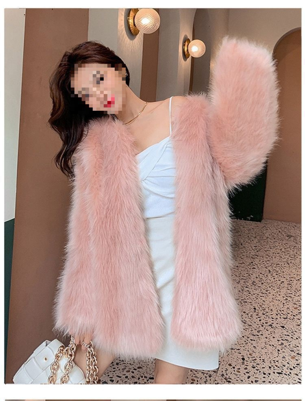 Sieviešu mākslīgās lapsas kažokādas jaka ar vidēju garumu, polo apkakle, garas piedurknes, kokvilnas audums, rudens 2025