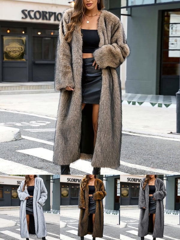 Moteriška ilga dirbtinės kailio striukė su V kaklu, rudens–žiemos šiltas išorinis apdaras