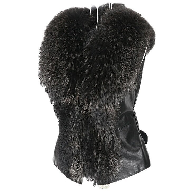 Sieviešu ārējā veste ar mākslīgās kažokādas apkakli, imitācijas kažokāde, elegants stils, bez piedurknēm