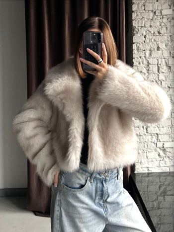 Mākslīgās kažokādas mētelis ar kostīmu apkakli, elegants ikdienas stilam, garas piedurknes, vidēja garuma, audums: mākslīgā kažokāda, 95%+ saturs