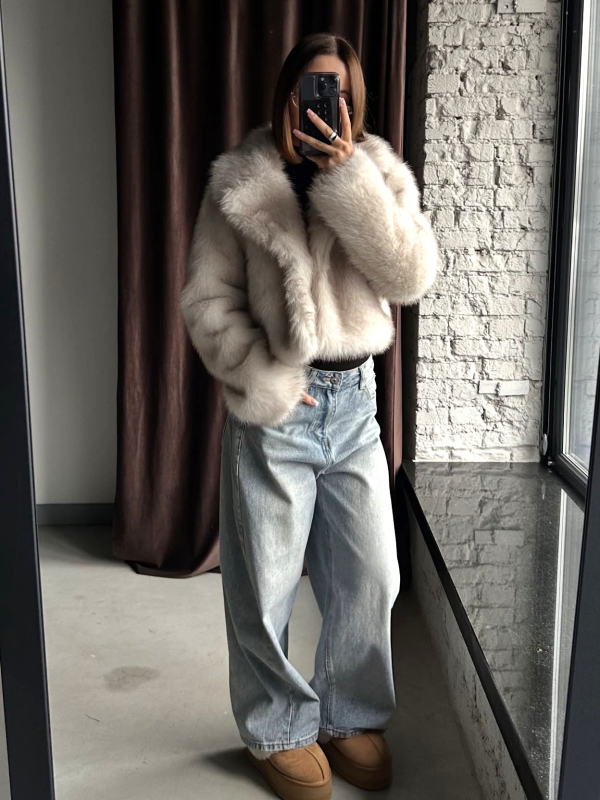 Mākslīgās kažokādas mētelis ar kostīmu apkakli, elegants ikdienas stilam, garas piedurknes, vidēja garuma, audums: mākslīgā kažokāda, 95%+ saturs