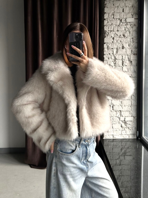 Mākslīgās kažokādas mētelis ar kostīmu apkakli, elegants ikdienas stilam, garas piedurknes, vidēja garuma, audums: mākslīgā kažokāda, 95%+ saturs