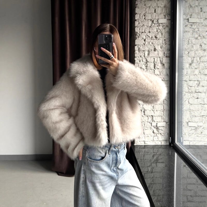 Mākslīgās kažokādas mētelis ar kostīmu apkakli, elegants ikdienas stilam, garas piedurknes, vidēja garuma, audums: mākslīgā kažokāda, 95%+ saturs